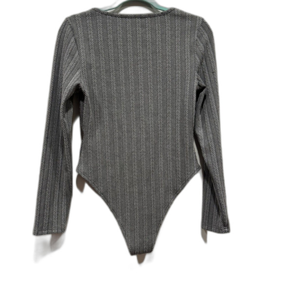 Bodysuit Scoop Neck Gray Long Sleeve Top Stretch Ribbed Academia Womens sz Large - Picture 5 of 6